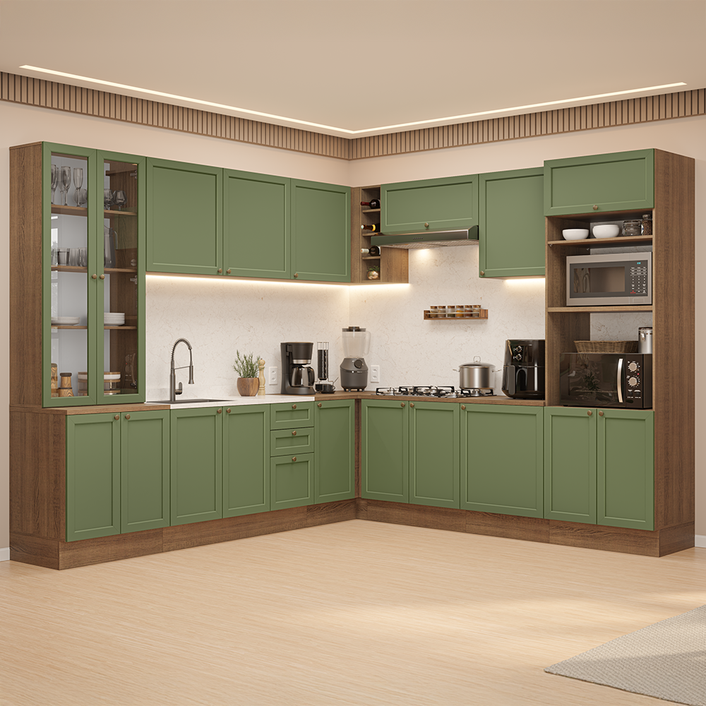 Armário de Cozinha Completa de Canto 549 cm Rustic/Verde Vik Madesa 01