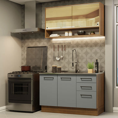 Cozinha Compacta Agata Madesa 4 Portas 3 Gavetas MDP Rustic/Cinza 225x120x52cm