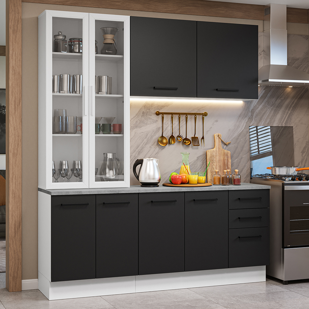 Armário de Cozinha Compacta 190cm com Cristaleira Branco/Preto Agata Madesa 01