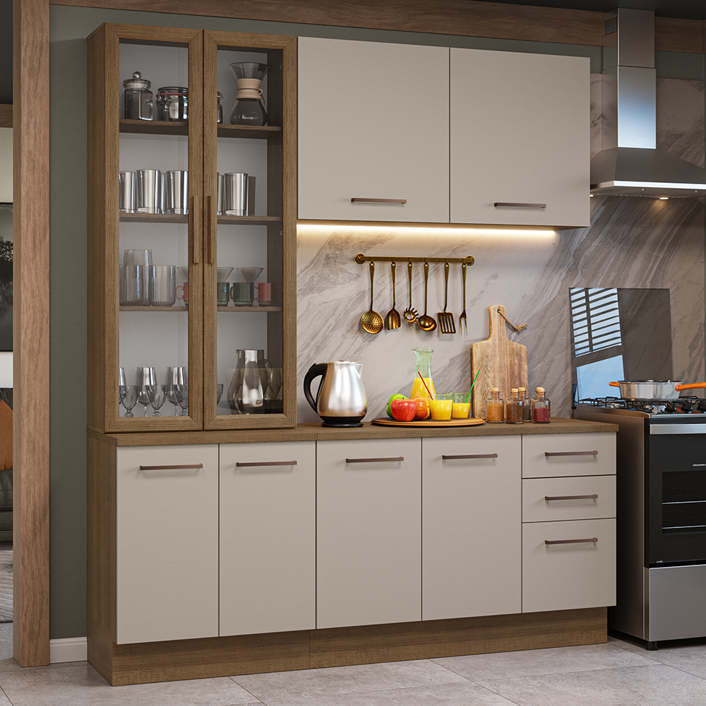 Armário de Cozinha Compacta 190cm com Cristaleira Rustic/Crema Agata Madesa 01