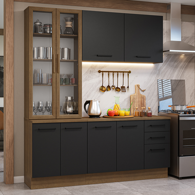 Armário de Cozinha Compacta 190cm com Cristaleira Rustic/Preto Agata Madesa 01