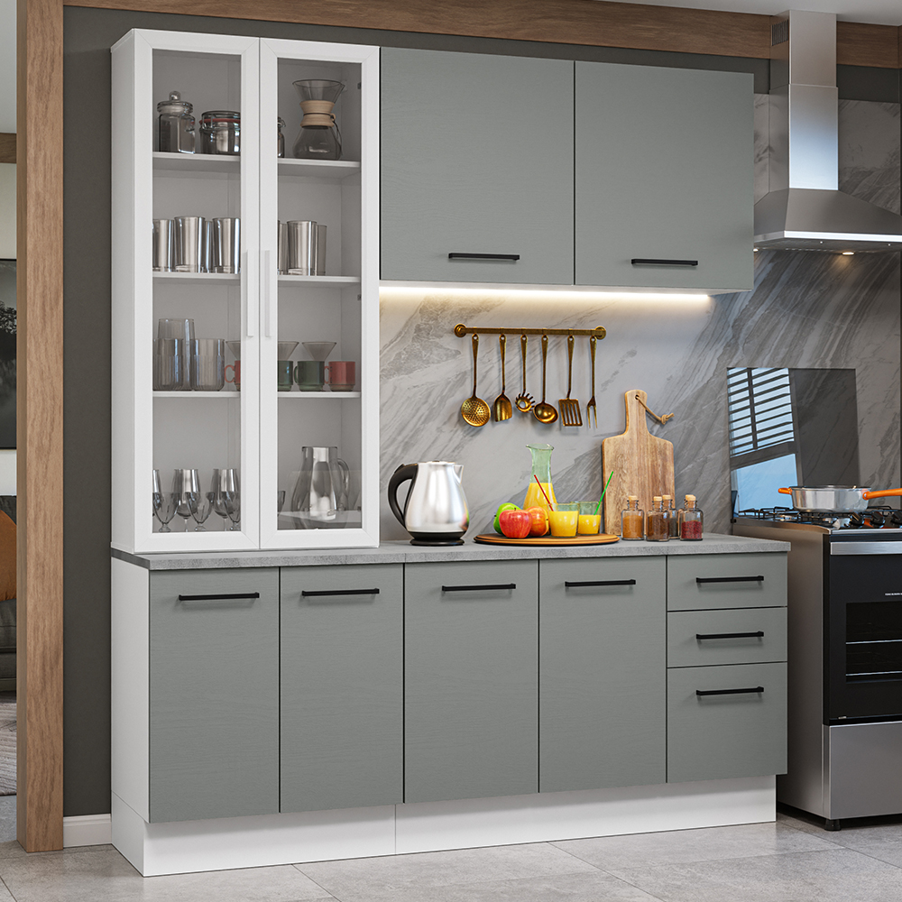 Armário de Cozinha Compacta 190cm com Cristaleira Branco/Cinza Agata Madesa 01