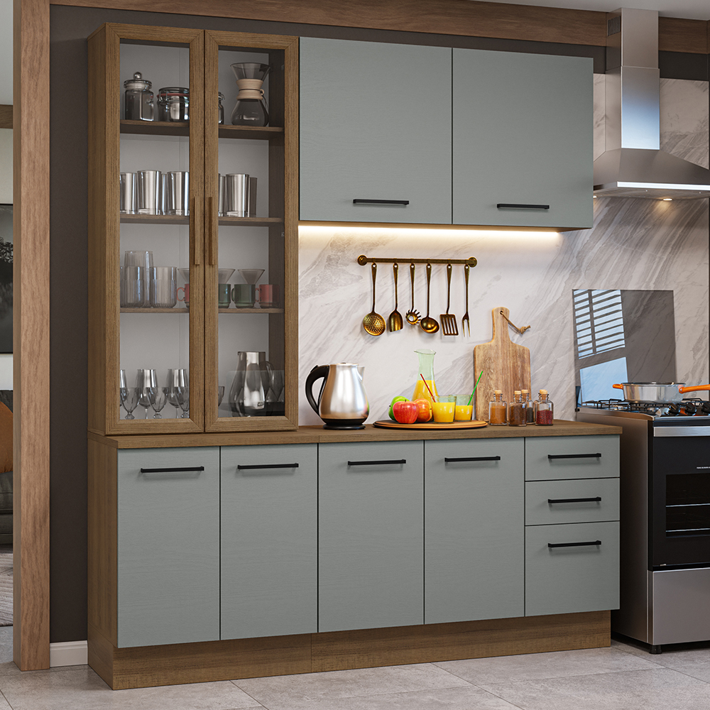 Armário de Cozinha Compacta 190cm com Cristaleira Rustic/Cinza Agata Madesa 01