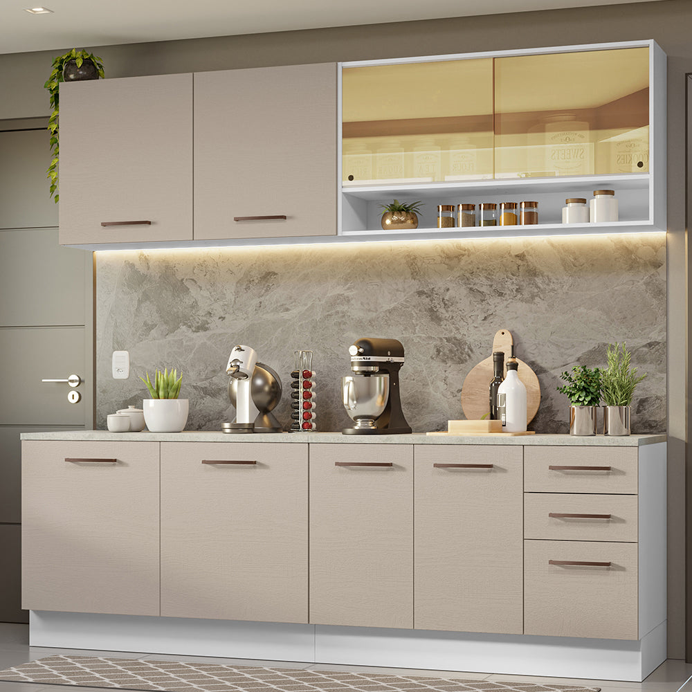 Armário de Cozinha Completa 240cm Branco/Crema 60cm de Profundidade Agata Madesa 01