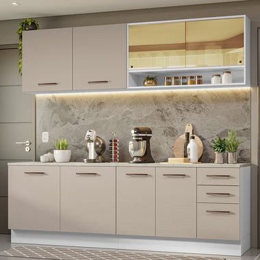 Armário de Cozinha Completa 240cm Branco/Crema 60cm de Profundidade Agata Madesa 01