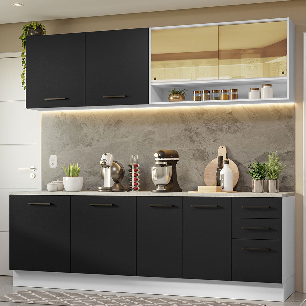 Armário de Cozinha Completa 240cm Branco/Preto 60cm de Profundidade Agata Madesa 01