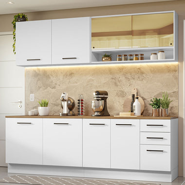 Armário de Cozinha Completa 240cm Branco Tampo Rustic 60cm de Profundidade Agata Madesa 01