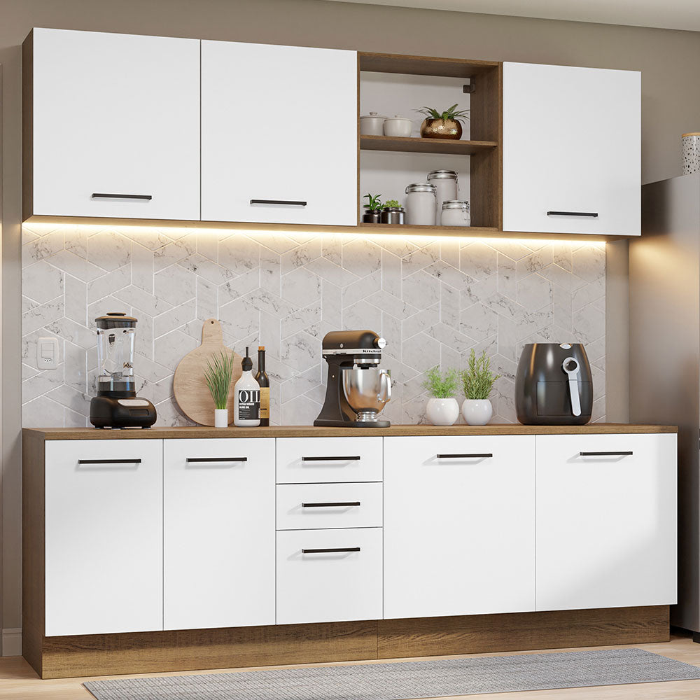 Armário de Cozinha Completa 240cm Rustic/Branco 60cm de Profundidade Agata Madesa 02