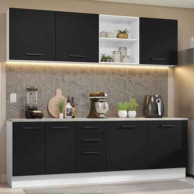 Armário de Cozinha Completa 240cm Branco/Preto 60cm de Profundidade Agata Madesa 02
