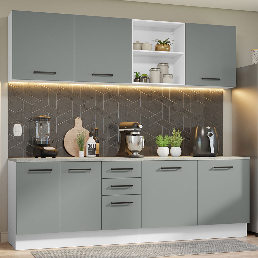 Armário de Cozinha Completa 240cm Branco/Cinza 60cm de Profundidade Agata Madesa 02