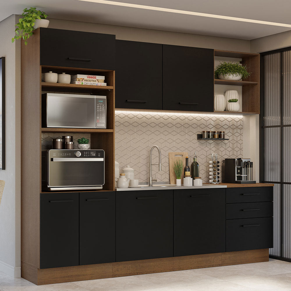 Armário de Cozinha Completa 250cm Rustic/Preto Agata Madesa 01