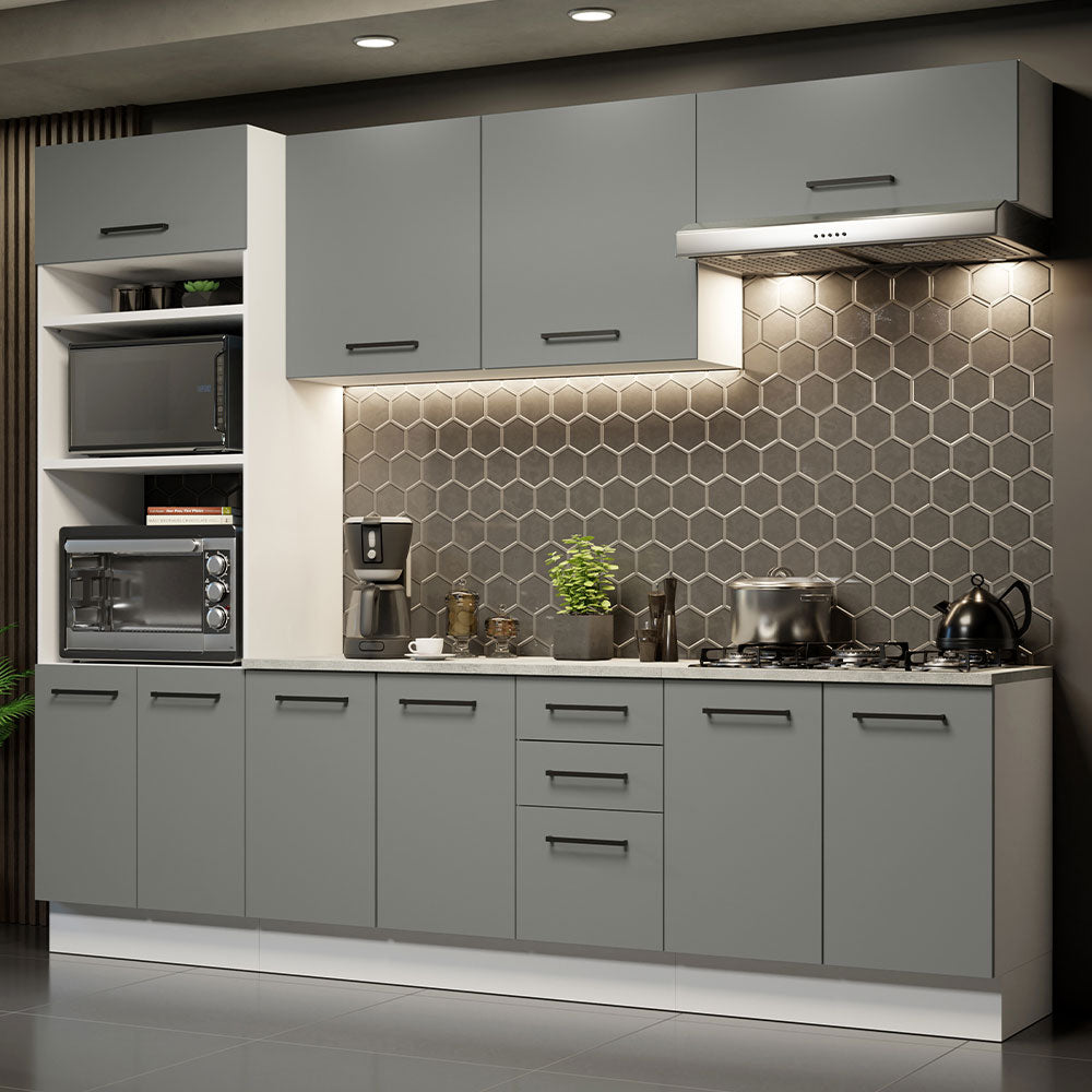 Armário de Cozinha Completa 270cm Branco Cinza Agata Madesa 02