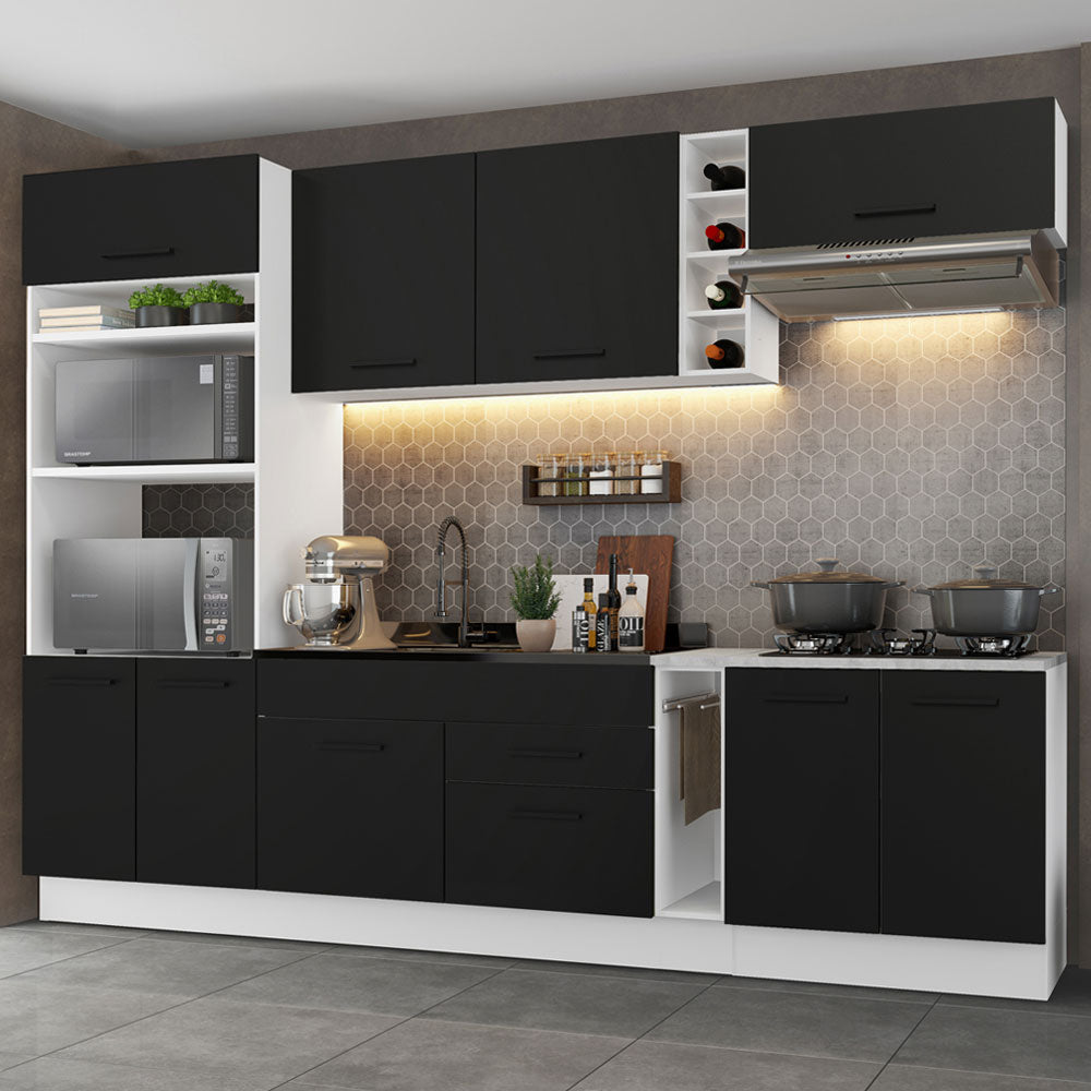 Armário de Cozinha Completa 290cm Branco/Preto Agata Madesa 01
