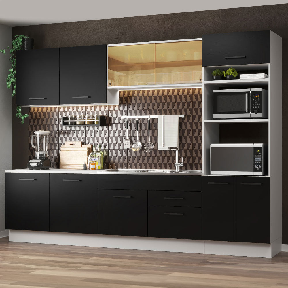 Armário de Cozinha Completa 310cm Branco/Preto Agata Madesa 01