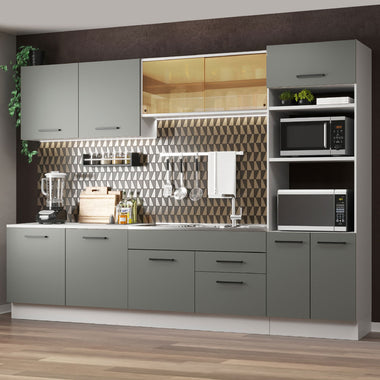 Armário de Cozinha Completa 310cm Branco/Cinza Agata Madesa 01
