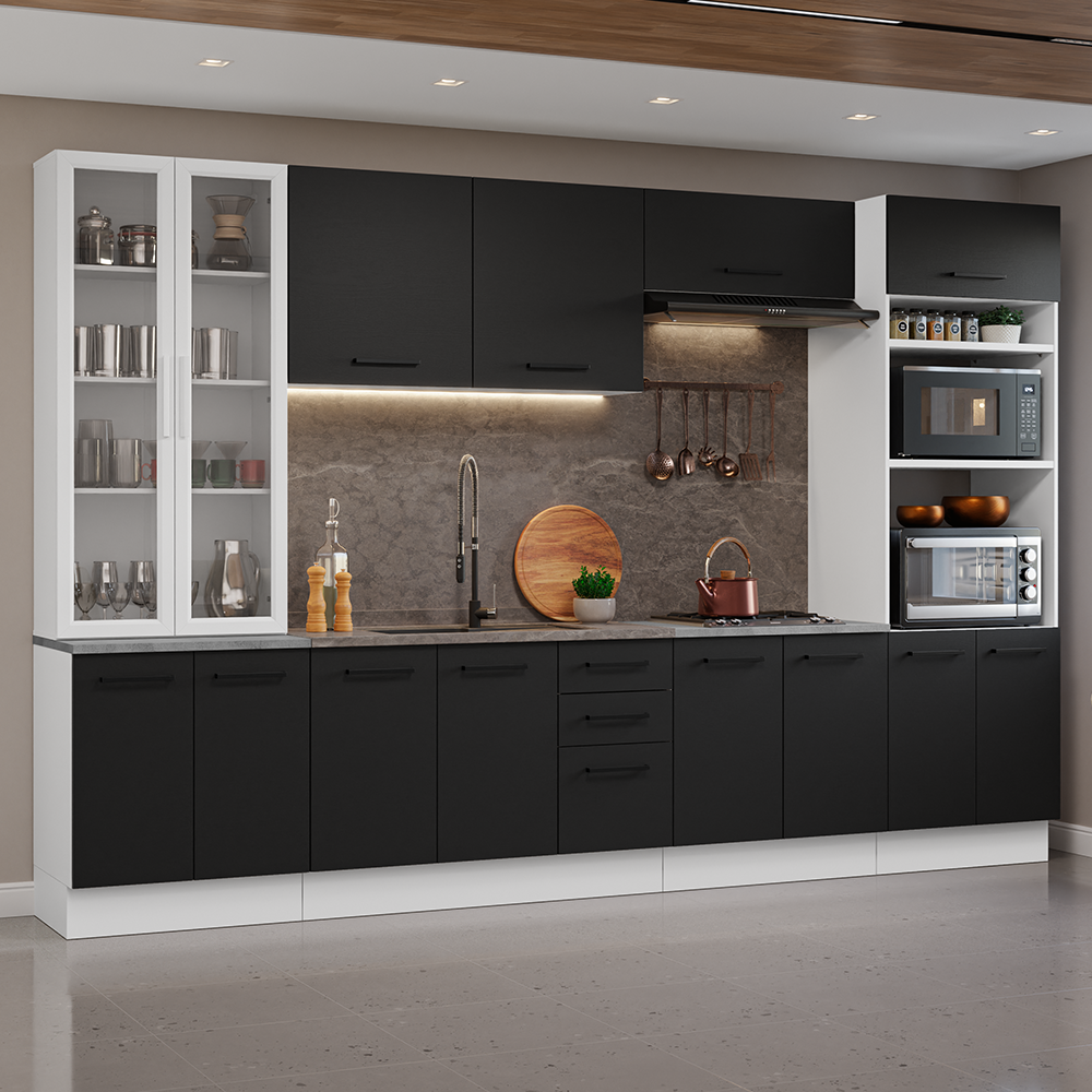 Armário de Cozinha Completa 340cm Branco/Preto Agata Madesa 01