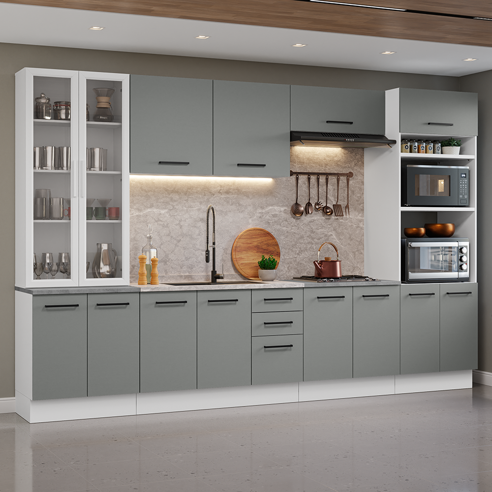Armário de Cozinha Completa 340cm Branco/Cinza Agata Madesa 01