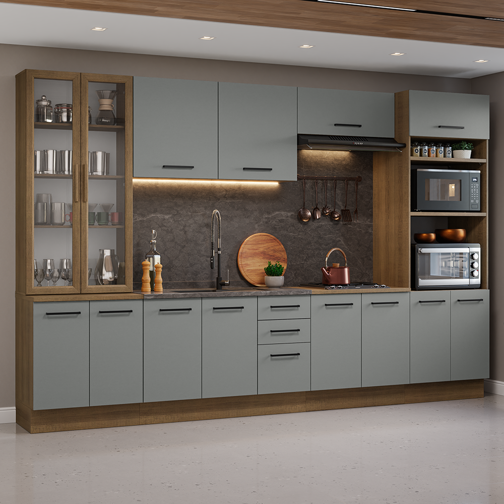 Armário de Cozinha Completa 340cm Rustic/Cinza Agata Madesa 01