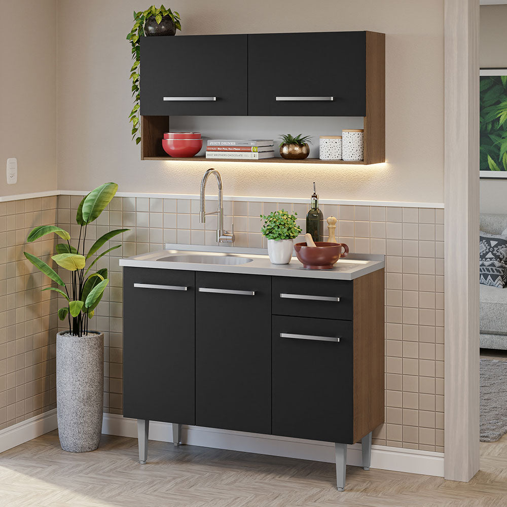 Armário de Cozinha Compacta 105cm com Pia Rustic/Preto Emilly Madesa 04
