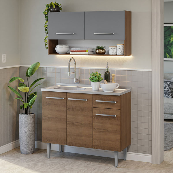 Armário de Cozinha Compacta 105cm com Pia Rustic/Cinza Emilly Madesa 04