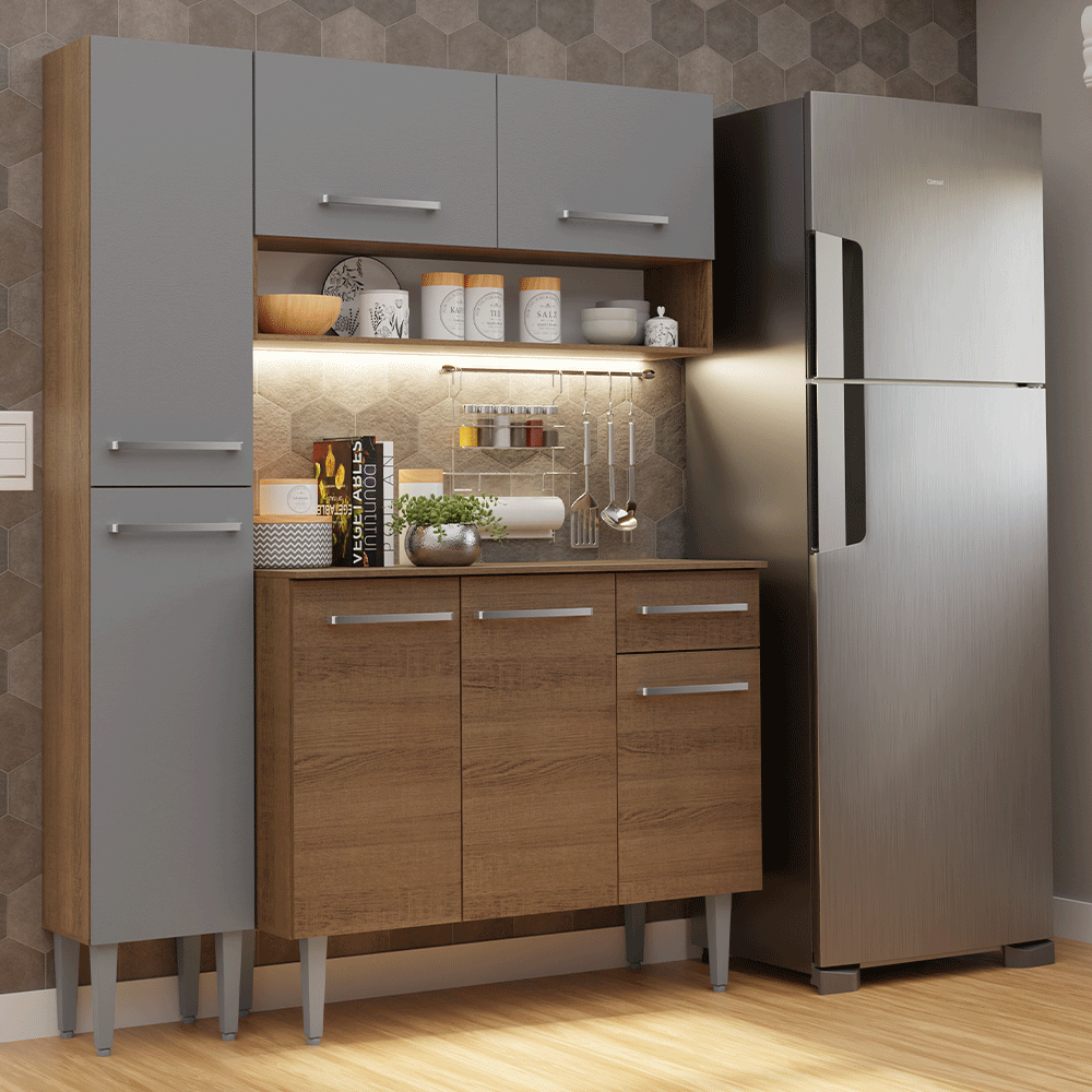 Armário de Cozinha Compacta 137 cm Rustic/Cinza Emilly Madesa 012