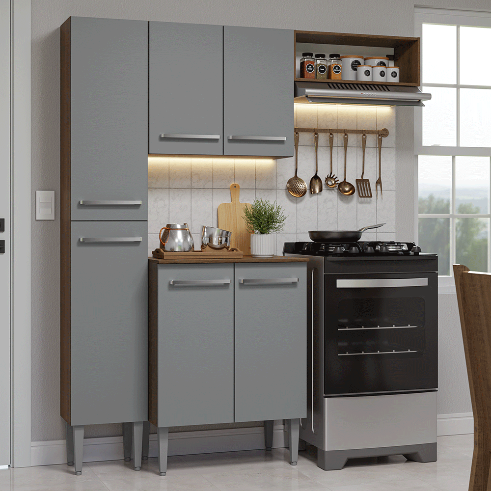 Armário de Cozinha Compacta 156 cm Rustic/Cinza Emilly Madesa 01