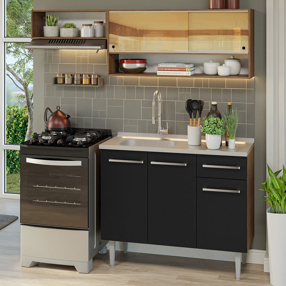 Armário de Cozinha Compacta 165cm com Pia Rustic/Preto Emilly Madesa 01
