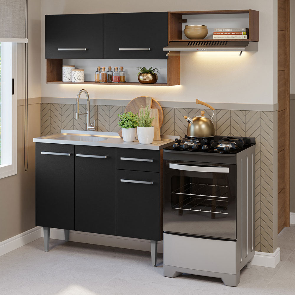 Armário de Cozinha Compacta 165cm com Pia Rustic/Preto Emilly Madesa 09
