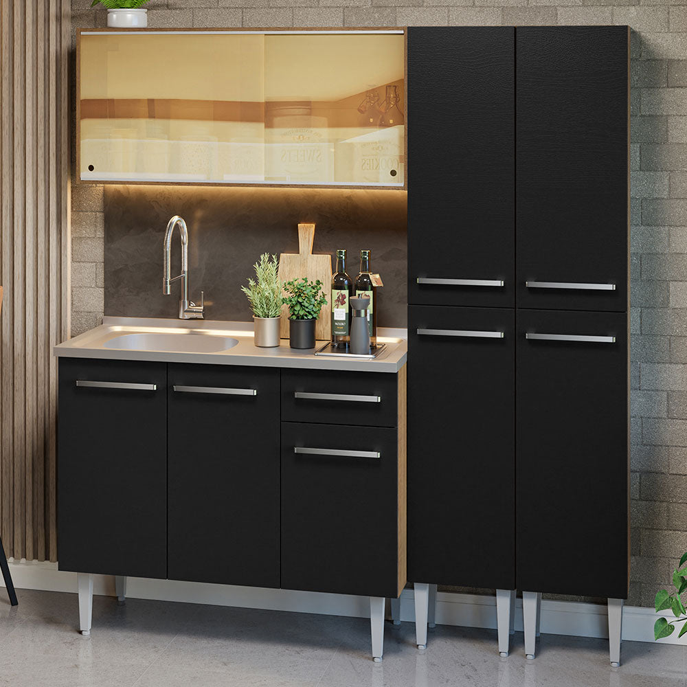 Armário de Cozinha Compacta 169cm com Pia Rustic/Preto Emilly Madesa 12