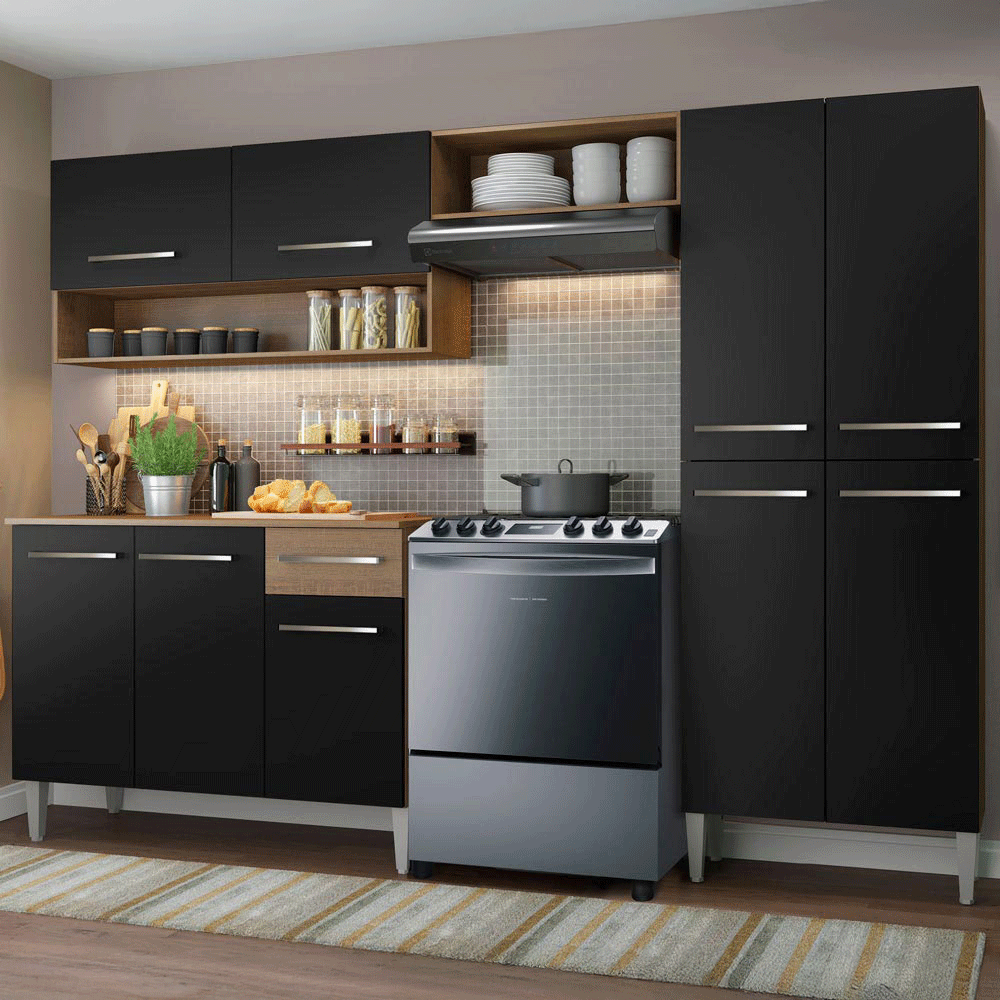 Armário de Cozinha Compacta 229cm Rustic/Preto Emilly Pop Madesa 02