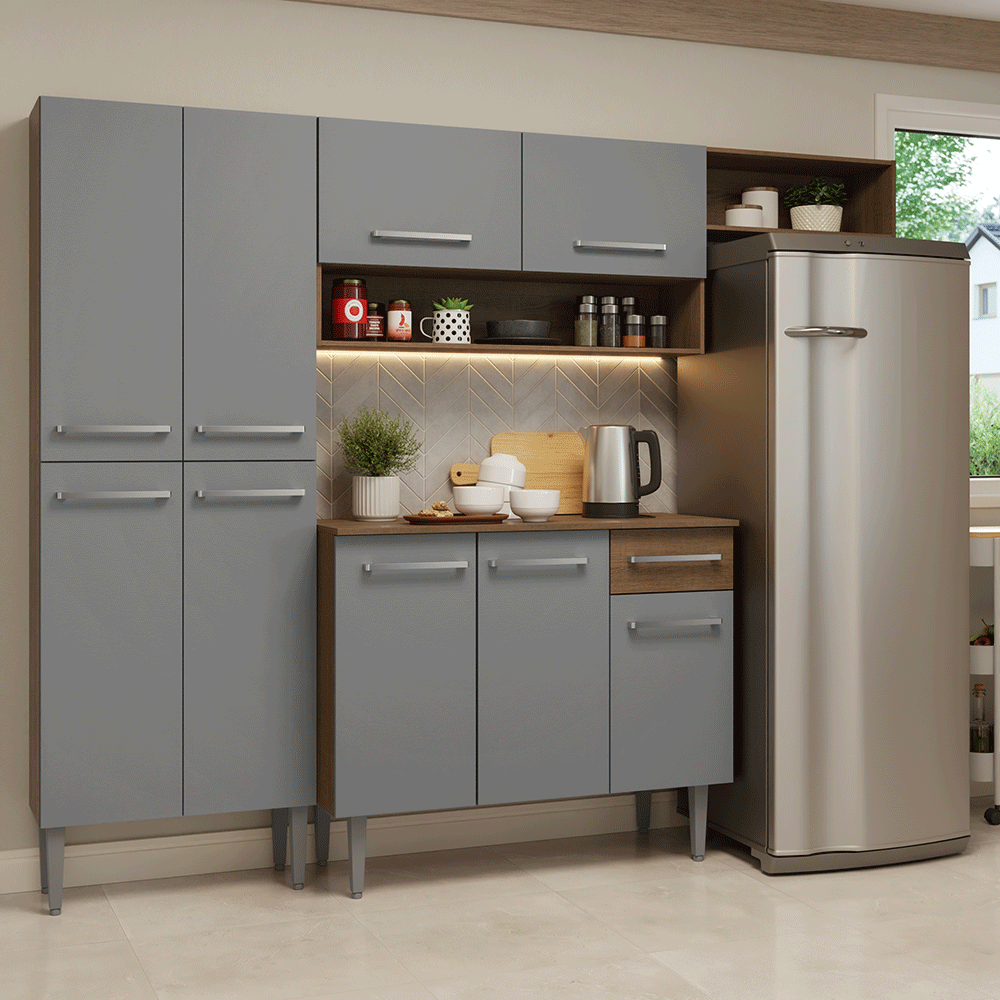 Armário de Cozinha Completa 229cm Rustic/Cinza Emilly Madesa 016