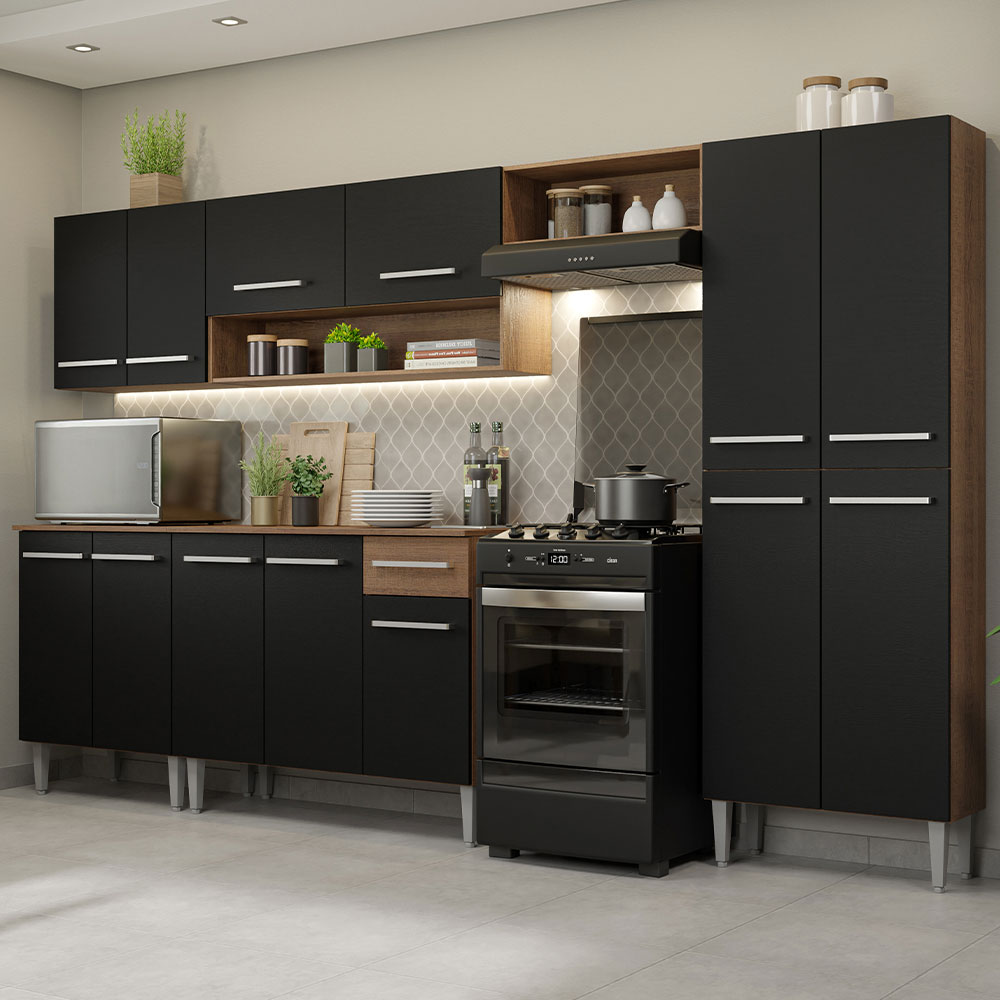 Armário de Cozinha Completa 293cm Rustic/Preto Emilly Madesa 01