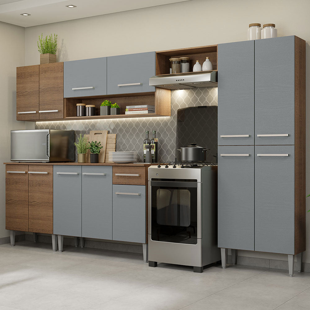 Armário de Cozinha Completa 293cm Rustic/Cinza Emilly Madesa 01