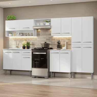 Armário de Cozinha Completa 293cm com Pia Branco Emilly Madesa 09