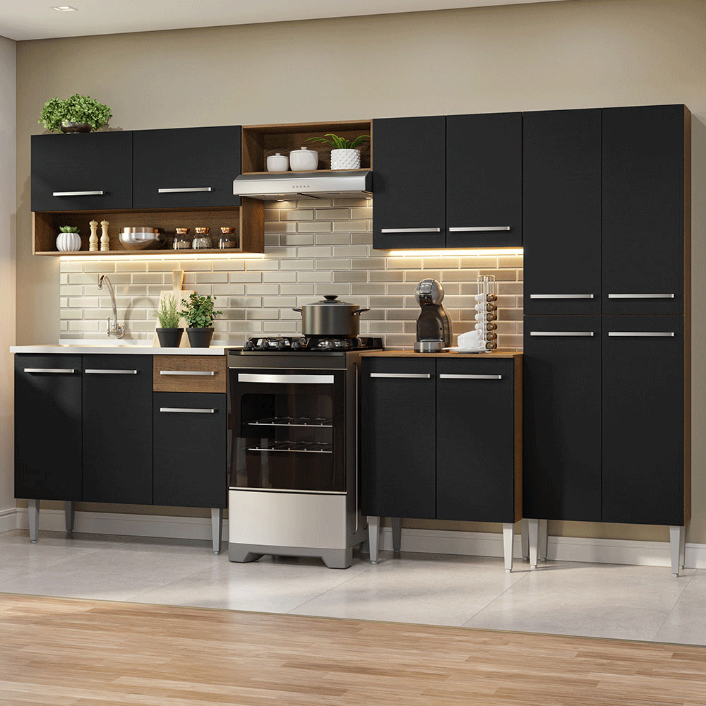 Armário de Cozinha Completa 293cm com Pia Rustic/Preto Emilly Madesa 09