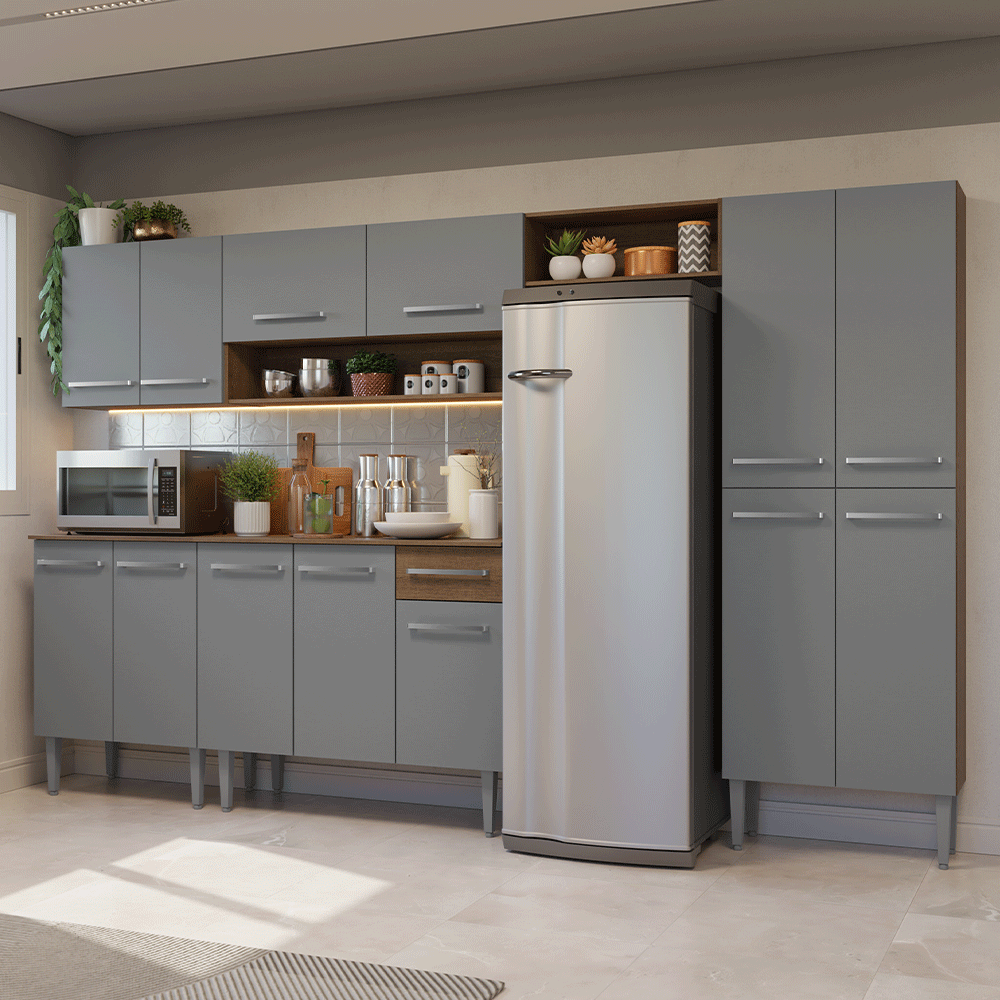 Armário de Cozinha Completa 293cm Rustic/Cinza Emilly Madesa 011