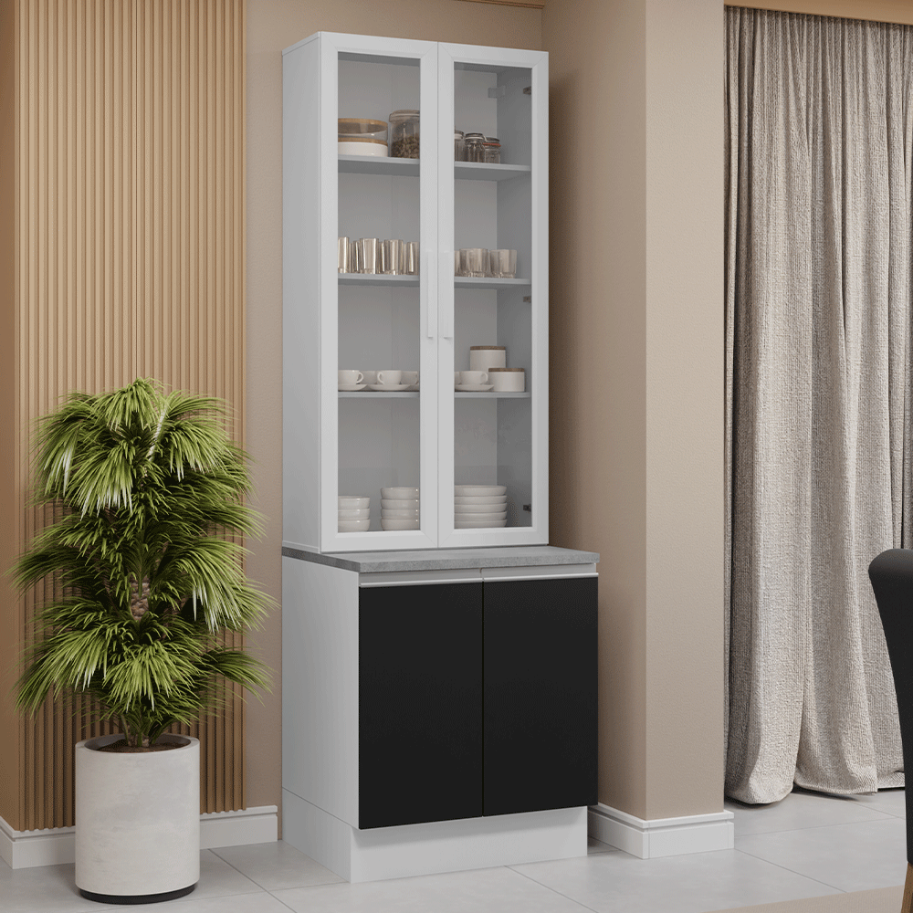Kit Balcão + Cristaleira 70cm Branco/Preto Glamy Madesa 02