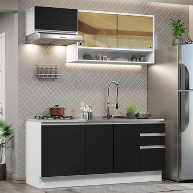 Armário de Cozinha Compacta 180cm Branco Preto Glamy Madesa 08