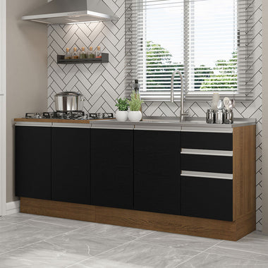 Kit com 2 Balcões de Cozinha Madesa Glamy 4 Portas 3 Gavetas (Sem Tampo e Pia) Rustic/Preto