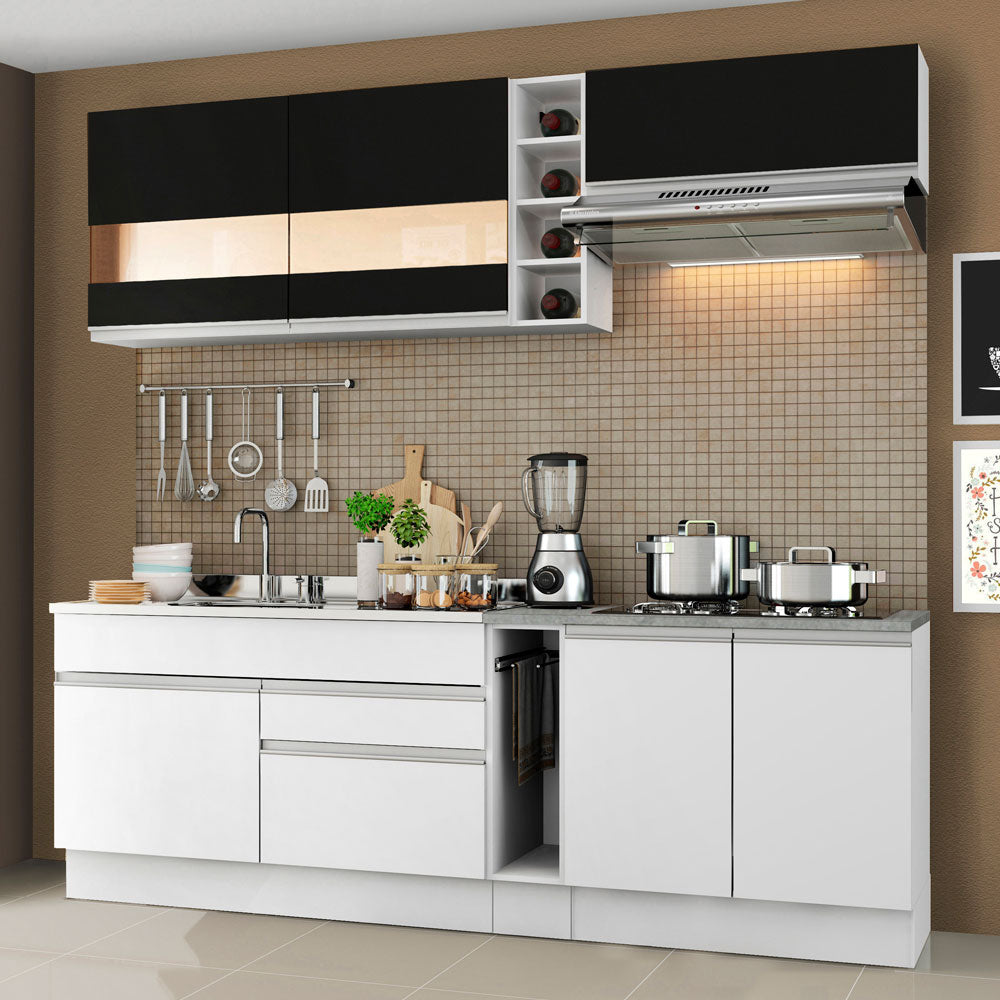 Armário de Cozinha Completa 220cm Branco/Branco/Preto Parma Madesa 02