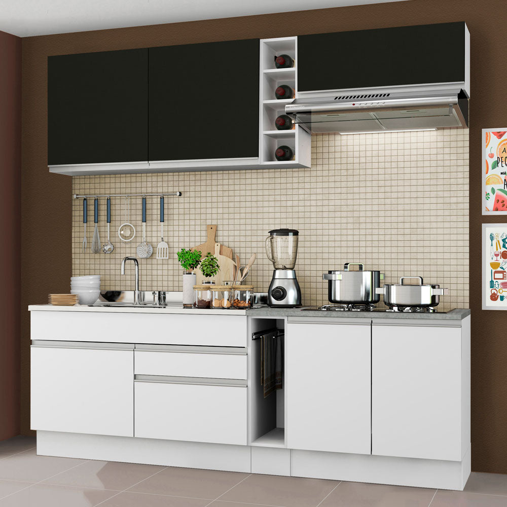 Armário de Cozinha Completa 220cm Branco/Branco/Preto Parma Madesa 03