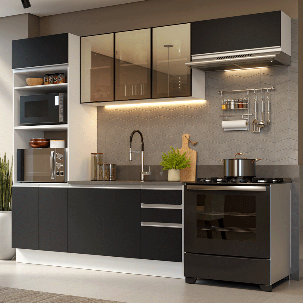 Armário de Cozinha Completa 270 cm Branco/Preto Glamy Madesa 17