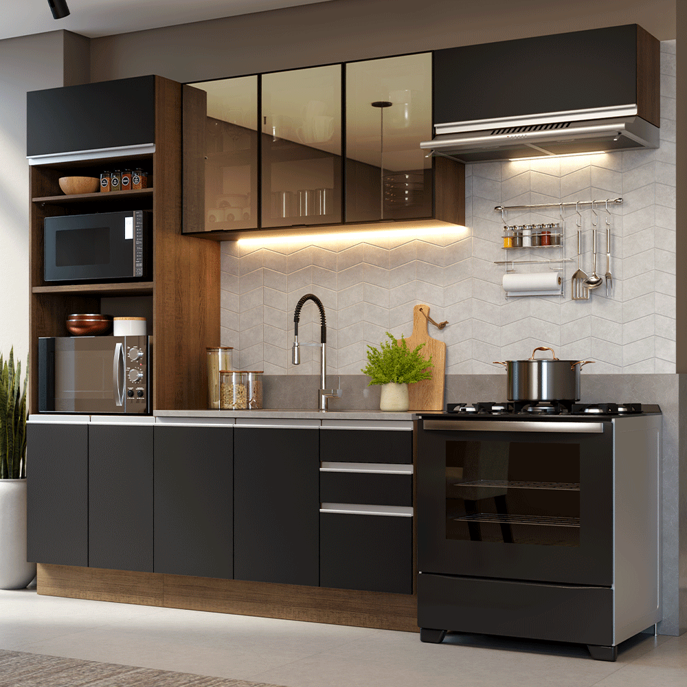 Armário de Cozinha Completa 270 cm Rustic/Preto Glamy Madesa 17