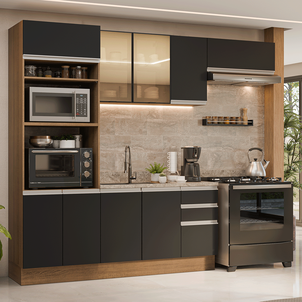 Armário de Cozinha Completa 270 cm Rustic/Preto Glamy Madesa 18