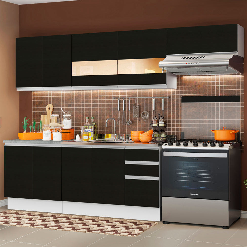 Armário de Cozinha Completa 280cm Branco/Preto Marcela Madesa 03