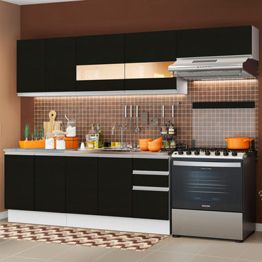 Armário de Cozinha Completa 280cm Branco/Preto Marcela Madesa 03