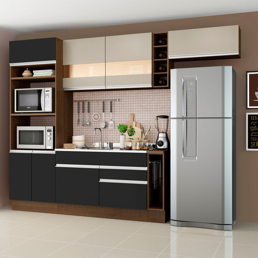 Armário de Cozinha Completa 290cm Rustic/Preto/Crema Safira Madesa 03