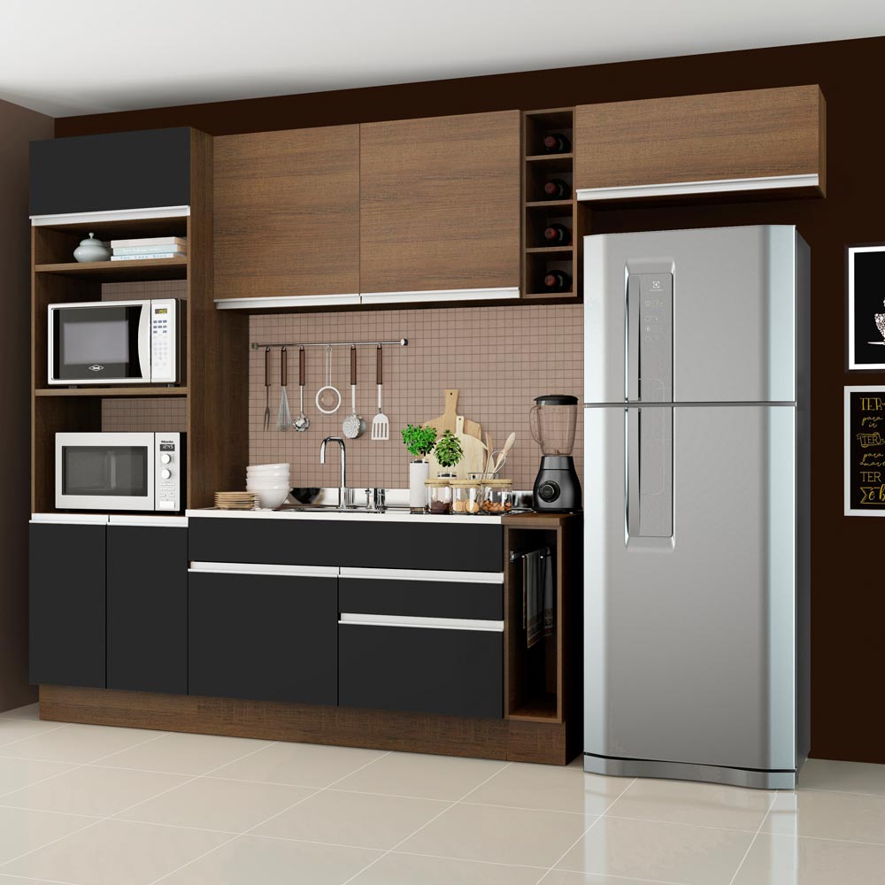 Armário de Cozinha Completa 290cm Rustic/Preto/Rustic Safira Madesa 04