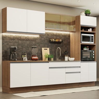 Armário de Cozinha Completa 310cm Rustic Branco Glamy Madesa 01