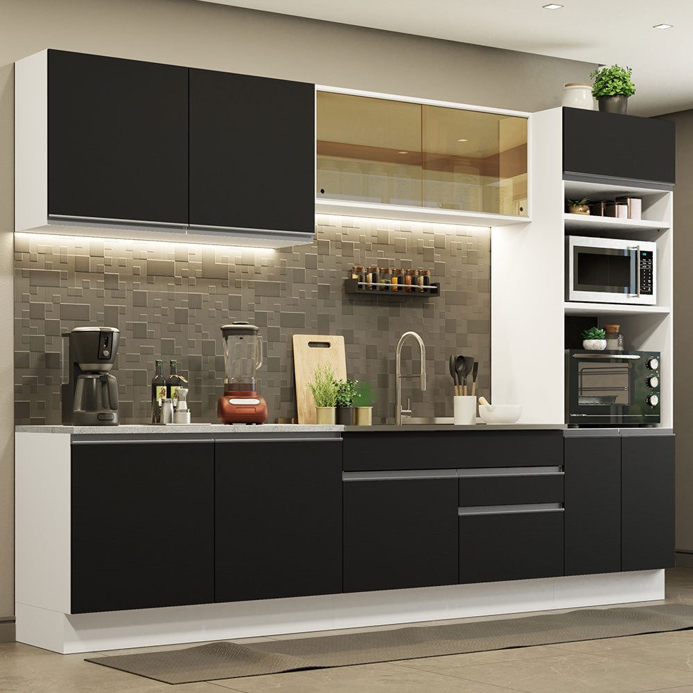 Armário de Cozinha Completa 310cm Branco Preto Glamy Madesa 01